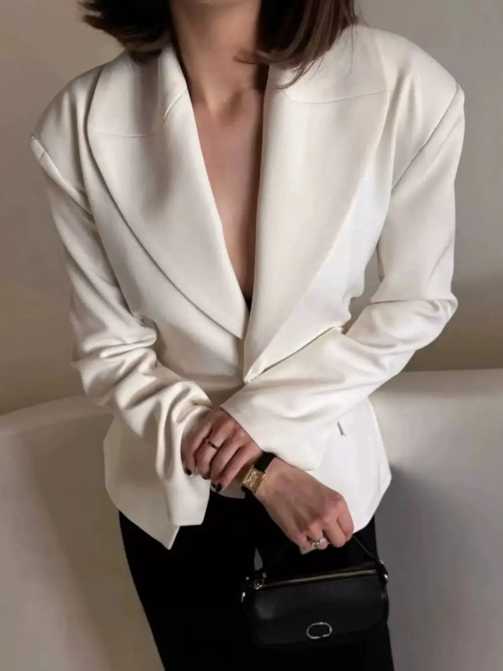 Single-Button Padded-Shoulder Blazer