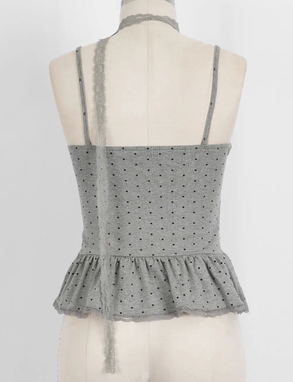 Polka Dot Scarf Neck Lace Trim Peplum Cami Top