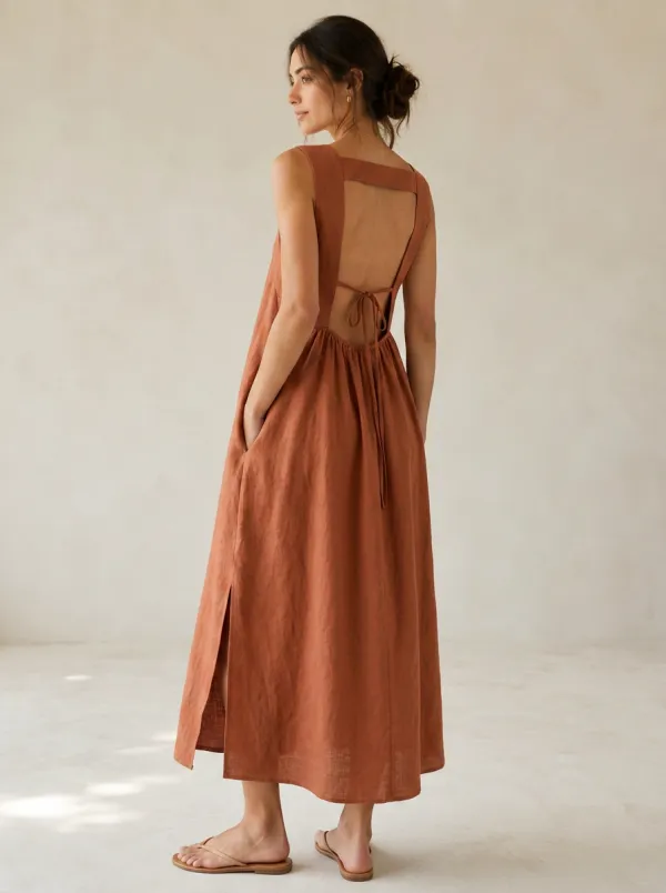 Women's Leisure Casual Linen Maxi Backless Dress