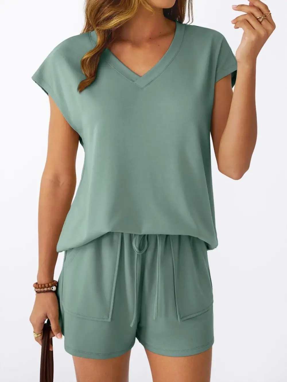 Casual V Neck T Shirt and Shorts Set