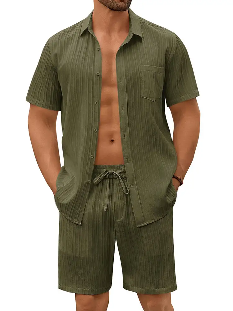 Casual Textured Shirt Shorts Vacation Set
