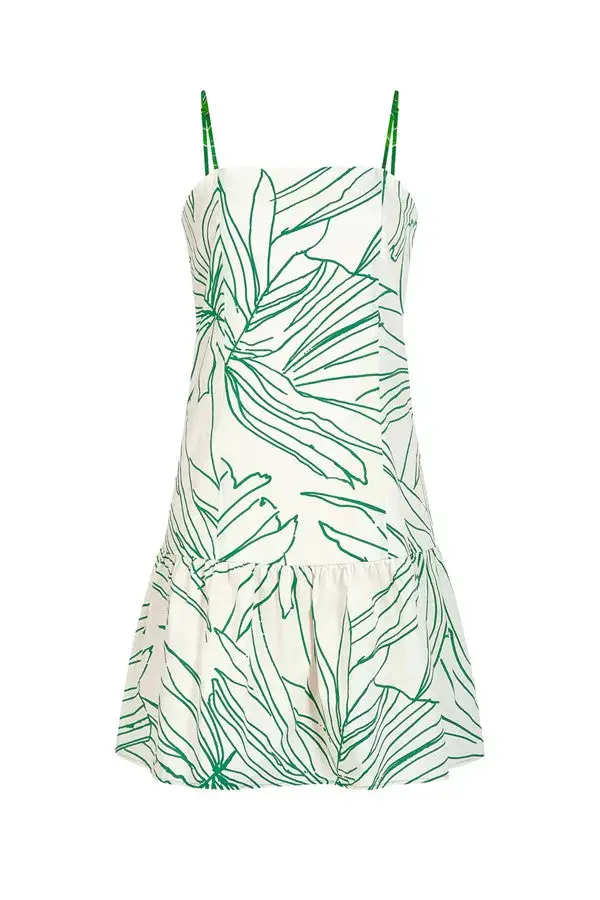 White Palm Print Flounce Hem Mini Dress