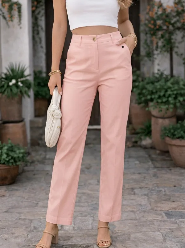 Women's Minimalist Star Detail Printed Mid-Rise Straight Leg Pants