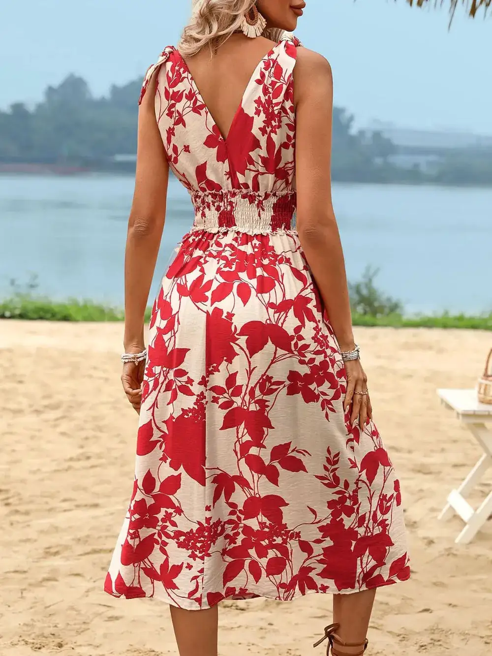 V Neck Wrap Smocked Midi Dress