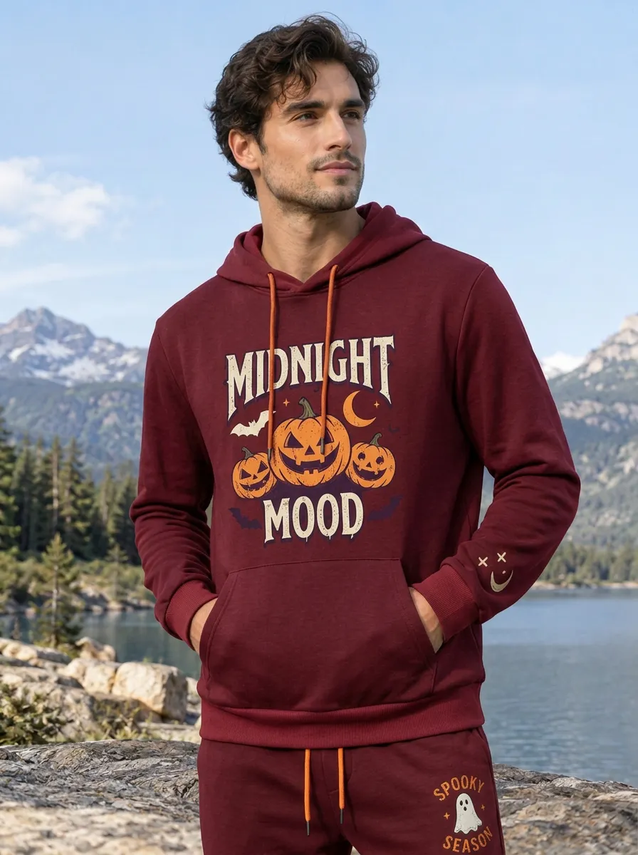Men's Halloween Charcoal Midnight Mood Pumpkin Ghost Kangaroo-Pocket Sleeve-Graphic Hoodie Jogger Set