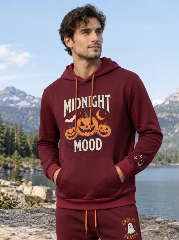 Men's Halloween Charcoal Midnight Mood Pumpkin Ghost Kangaroo-Pocket Sleeve-Graphic Hoodie Jogger Set