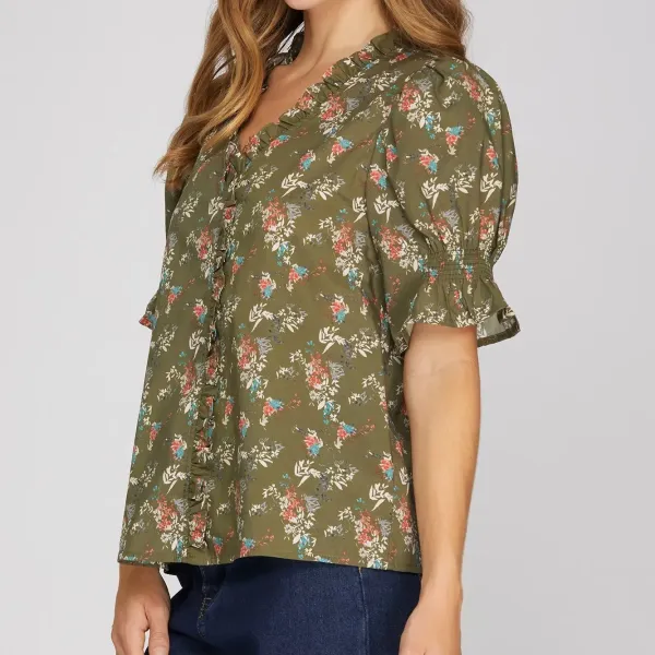Ruffled Neck Floral Top