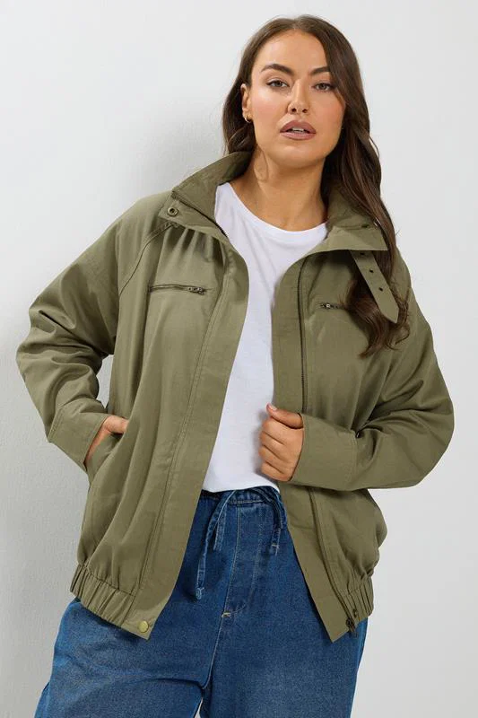 Khaki Green Funnel Neck Twill Shacket detail 1