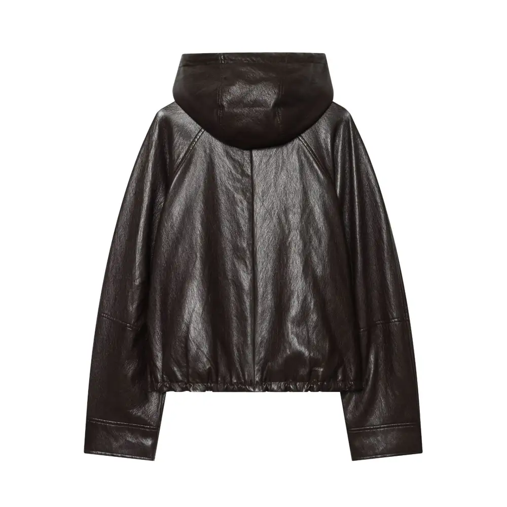 Faux Leather Hooded Zip Front Elastic Hem Bomber Jacket