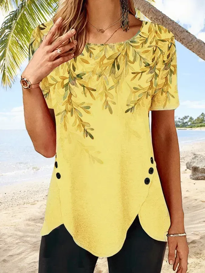Women's Crew Neck Floral Tulip Hem Resort Tunic T-Shirt