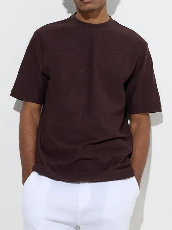 Brown Plain Loose Cotton-Blend T-Shirt