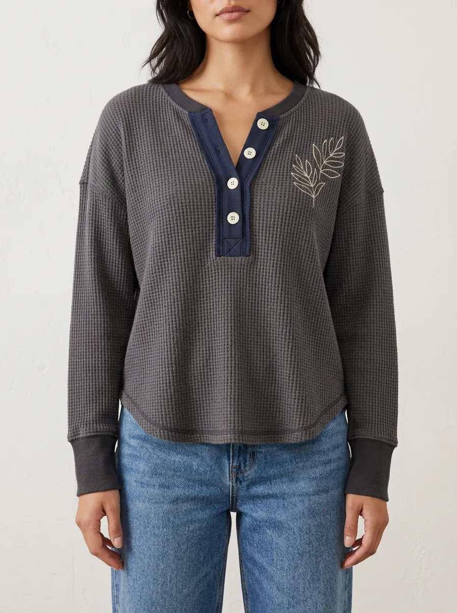 Textured Casual Botanical Leaf Embroidered Waffle Knit Henley Top