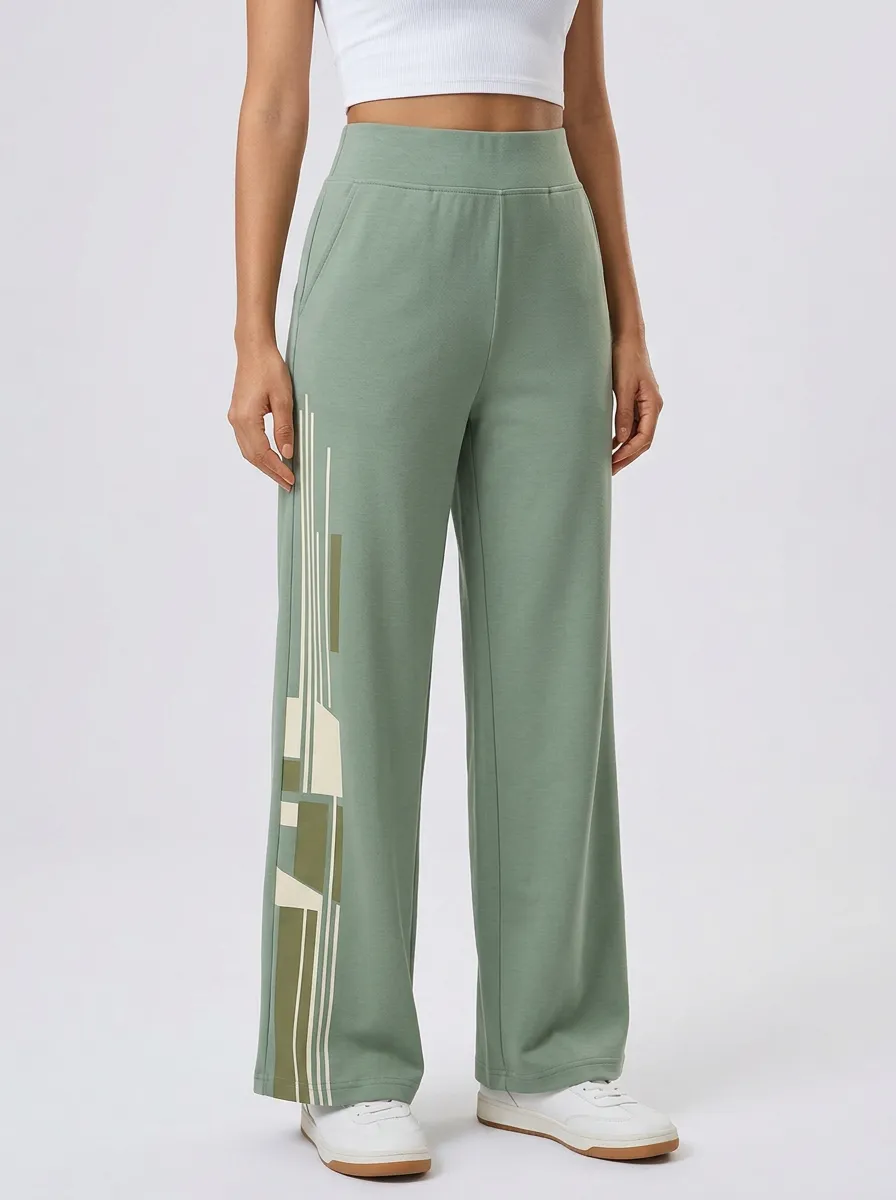 Women's Sage Green Graphic Print Wide-Leg Trousers Sweatpants