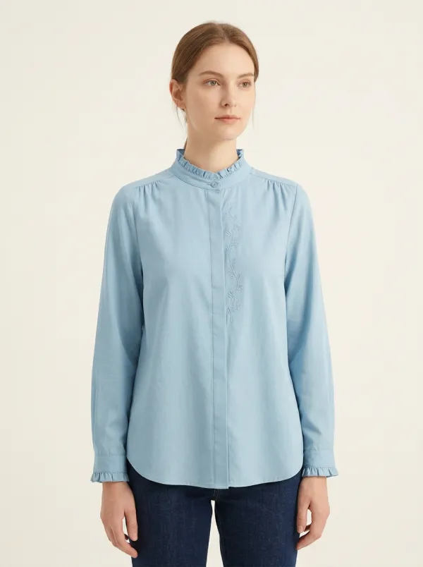 Women's Vertical-Floral Embroidered Ruffle-Collar Shirt