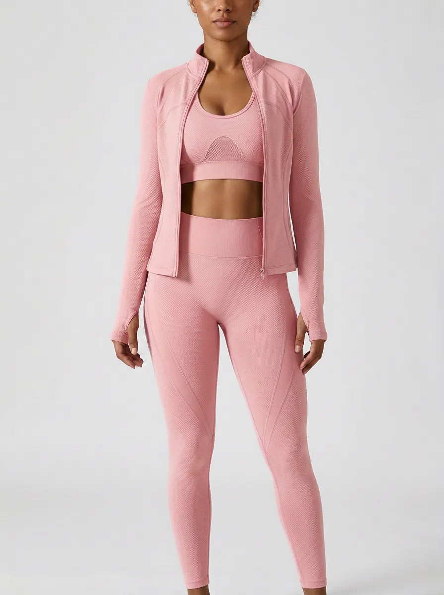 Athletic Textured Detail Seamless Design Collection Women's Three Piece Activewear Set