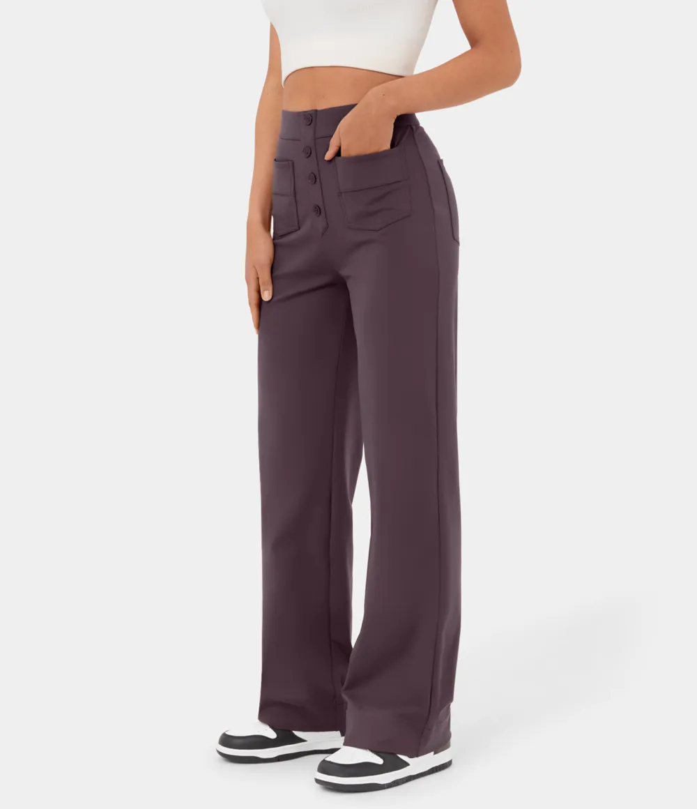 High Waisted Button Multiple Pockets Straight Leg Casual Pants