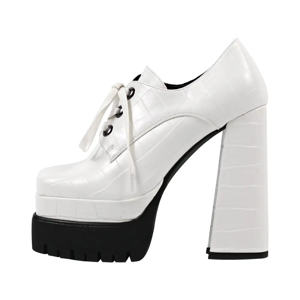 Lace Detail Square Toe Double Platform Chunky Heel Lace Up Pumps