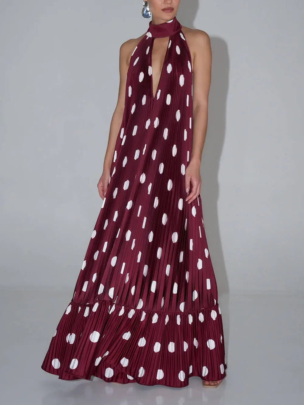 Polka Dot Backless Halter Maxi Gown