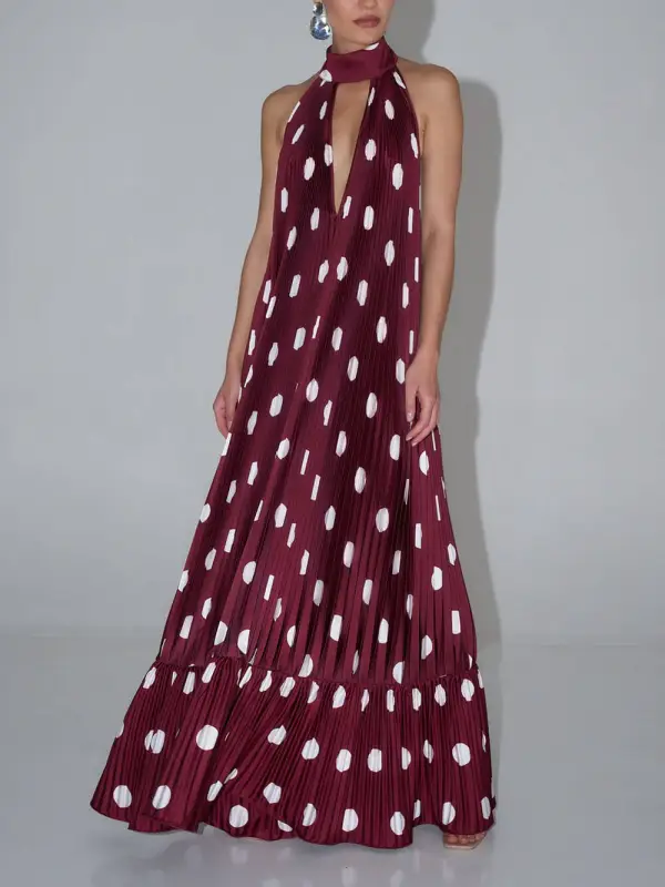Polka Dot Backless Halter Maxi Gown
