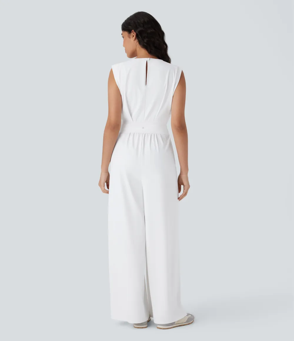 SoftlyZero QuickDry Round Neck Sleeveless Keyhole Pocket Yoga Jumpsuit-Easy Peezy Edition