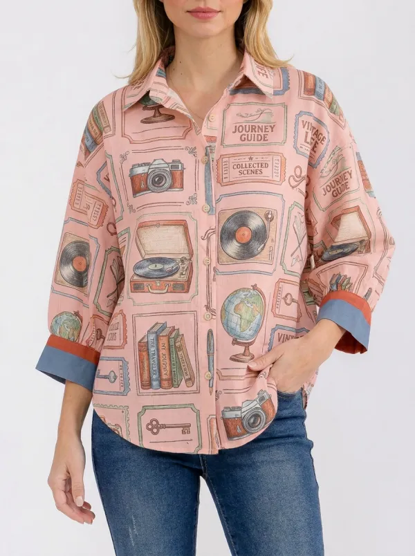 Women's Travel Hobby Vintage Stamp Graphic Button-Up Shirt