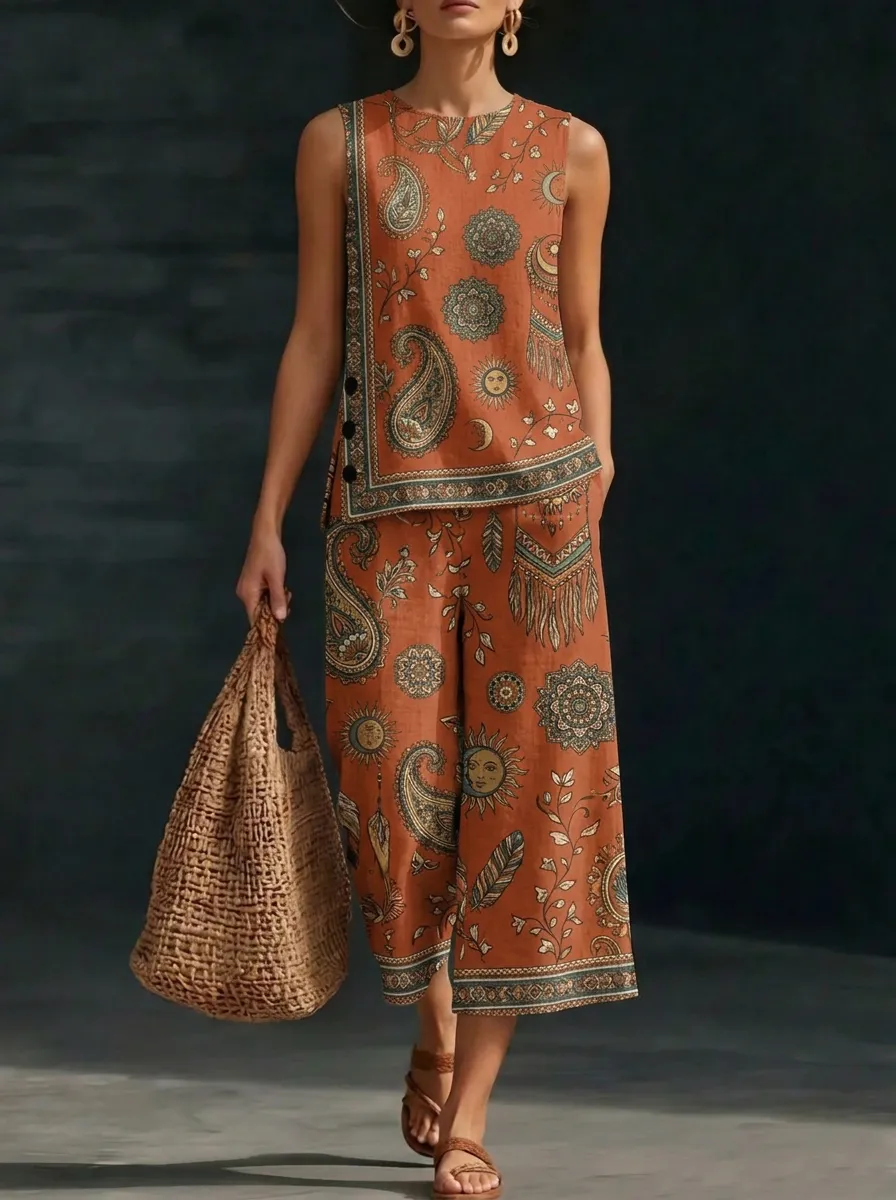 Women's Boho Paisley Sun Printed Sleeveless Two-Piece Set
