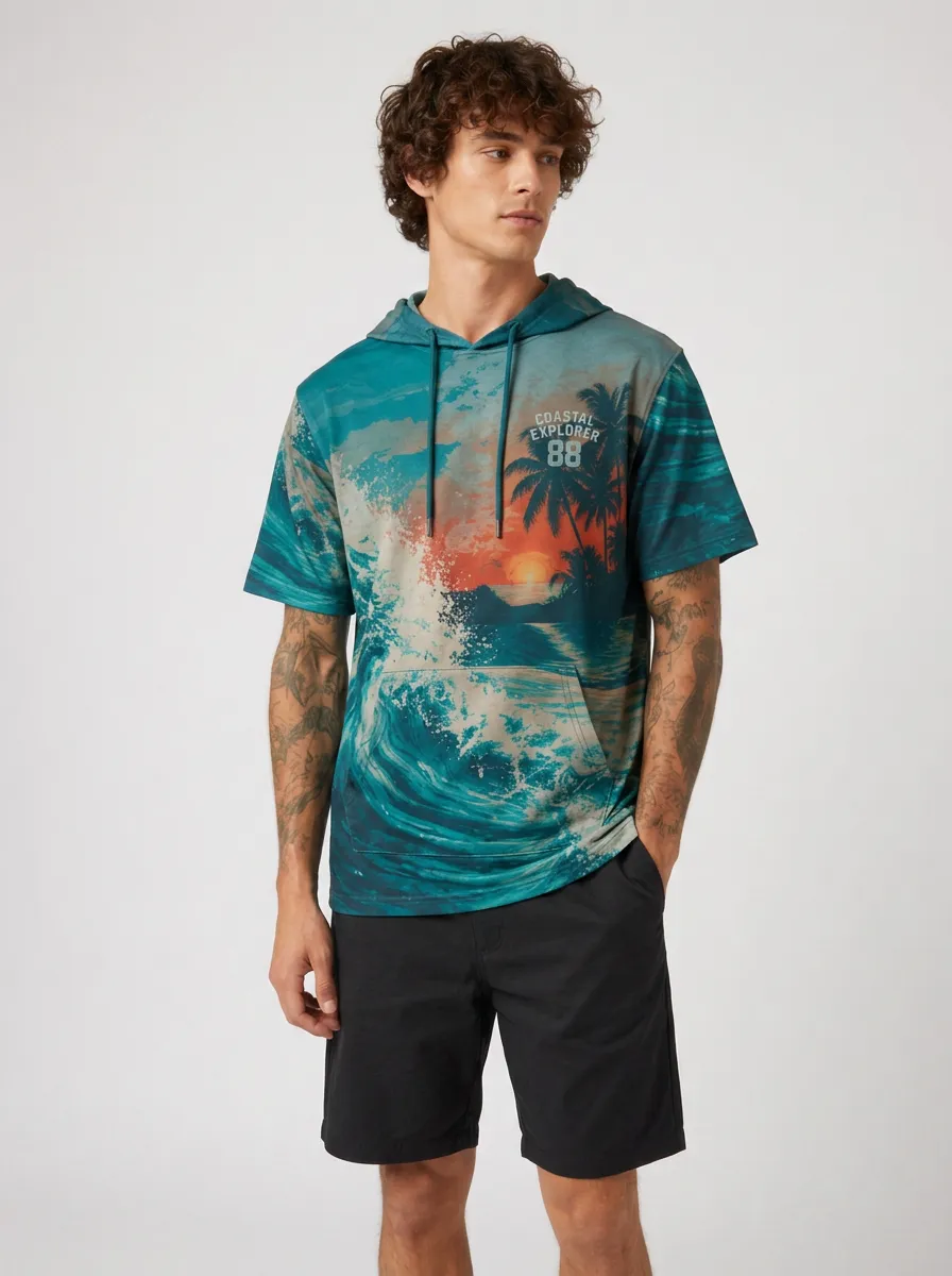Men's Coastal Explorer Sunset Ocean Wave Printed Short Sleeve Hoodie