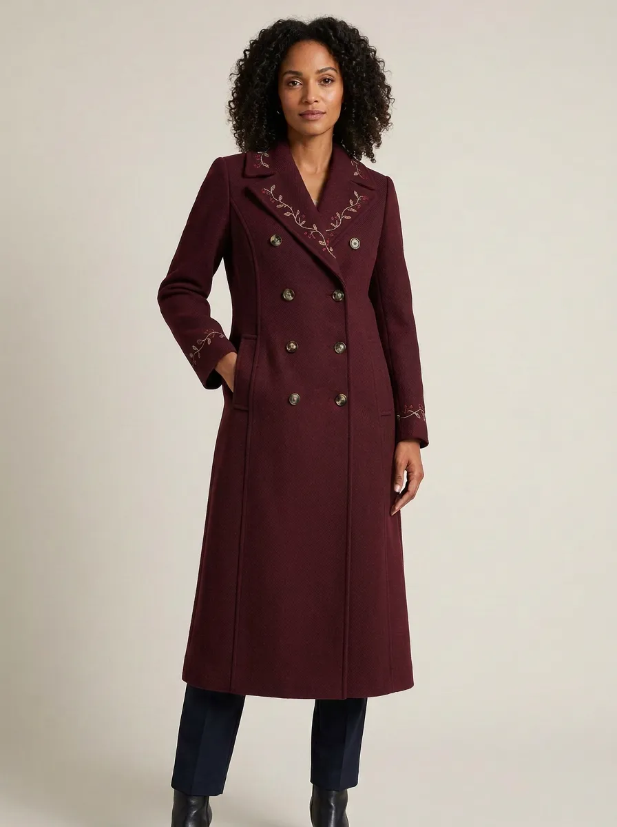Women's Floral Embroidered Navy Blue Double-Breasted Coat