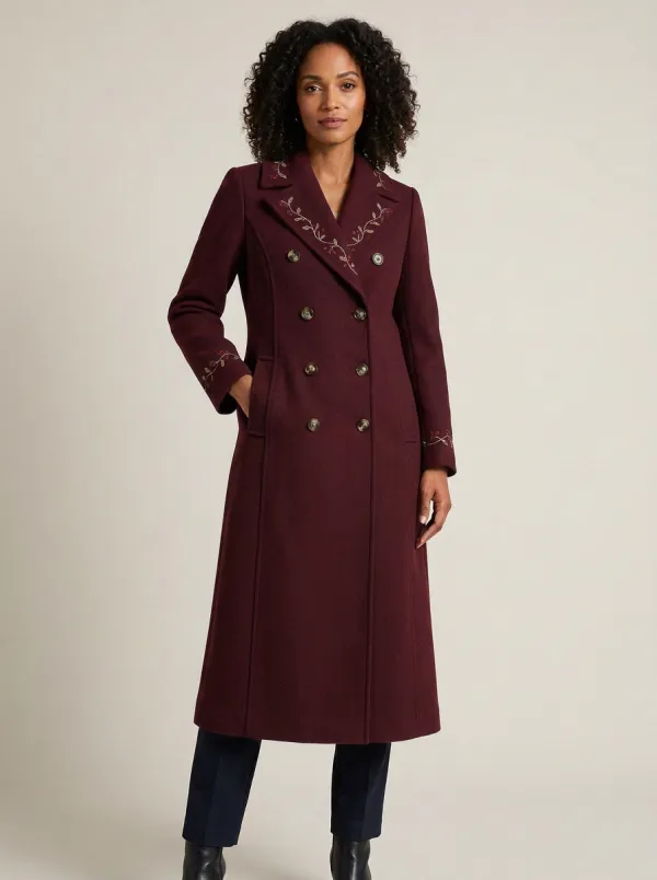 Women's Floral Embroidered Navy Blue Double-Breasted Coat
