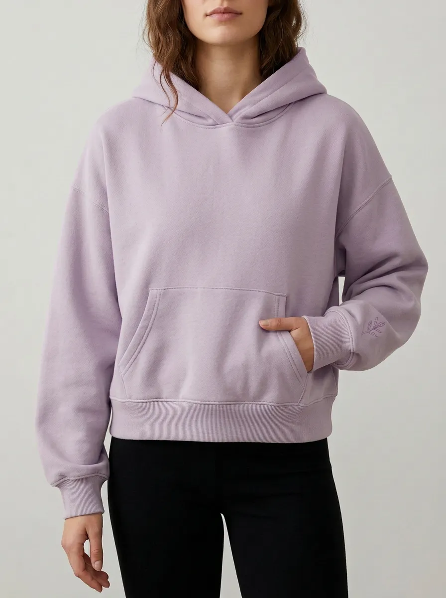 Women's Minimalist Sage Green Leaf Embroidered Printed Hoodie