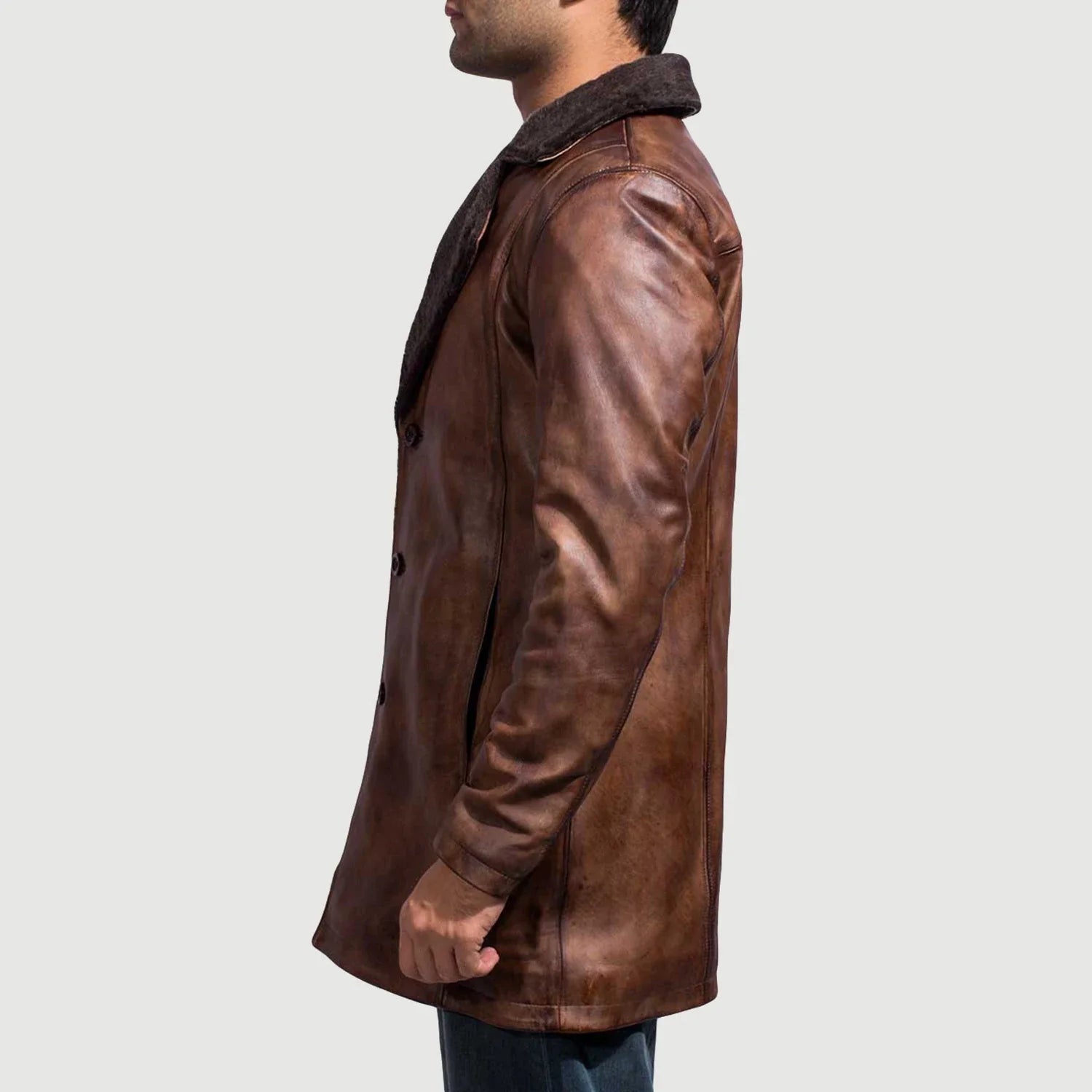 Men's Leather Fur Trim Distressed Coat