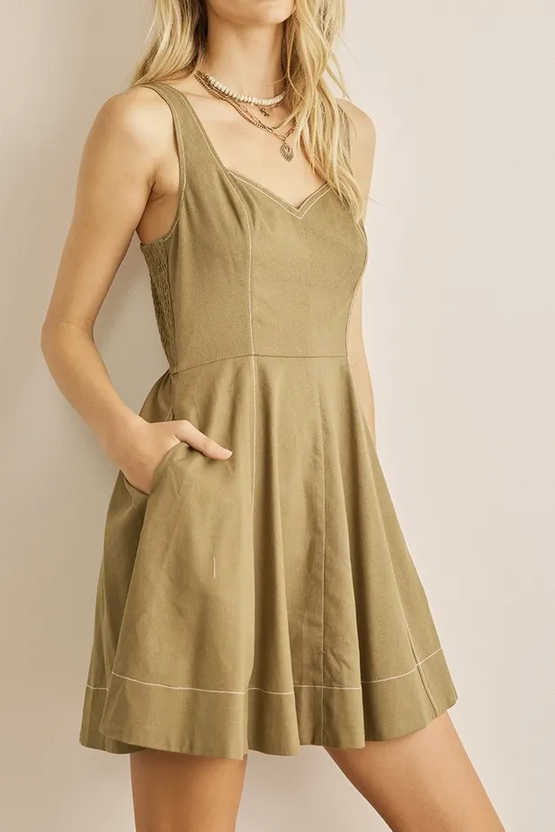 Olive Fit & Flare Linen Midi Dress