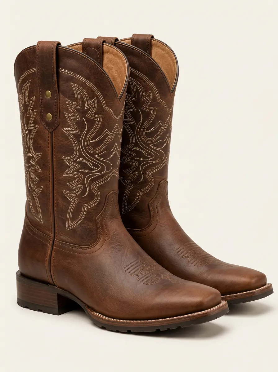 Men's Brown Western Boots with Decorative Stitching