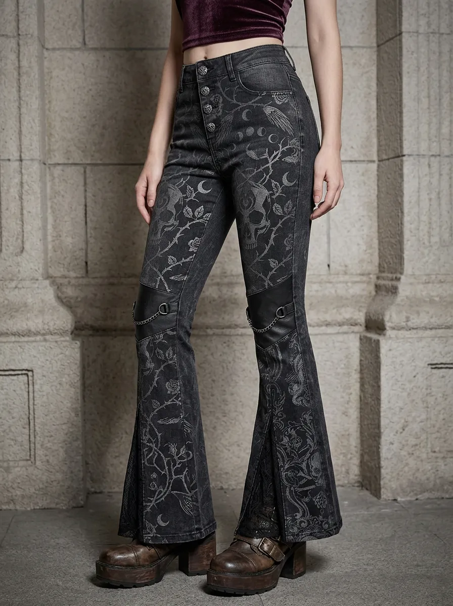 Alternative Skull Moon Floral Design Women's Gothic Flare Pants