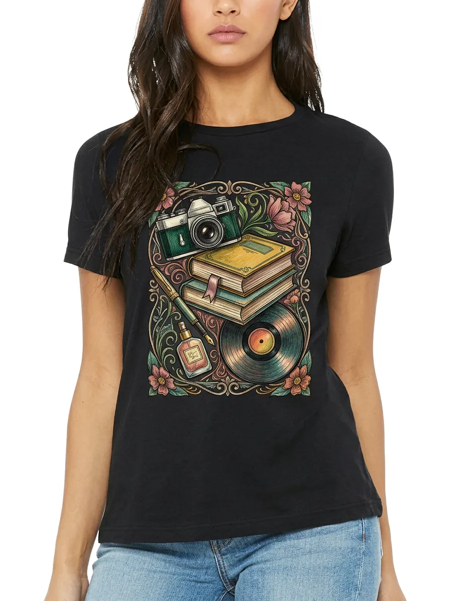 Women's Vintage Hobby Lover Camera Books Vinyl Printed T-shirt