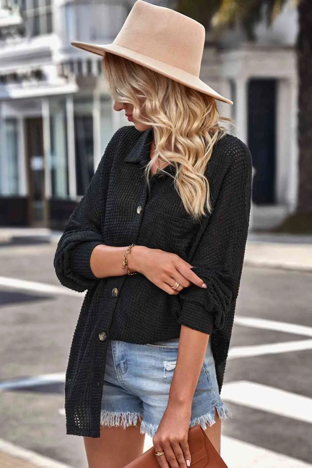 Dropped Shoulder Waffle Knit Collared Shirt