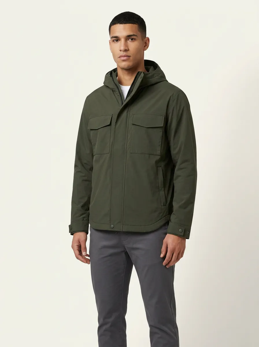 Men's High-Neck Hooded Side-Pocket Utility Jacket