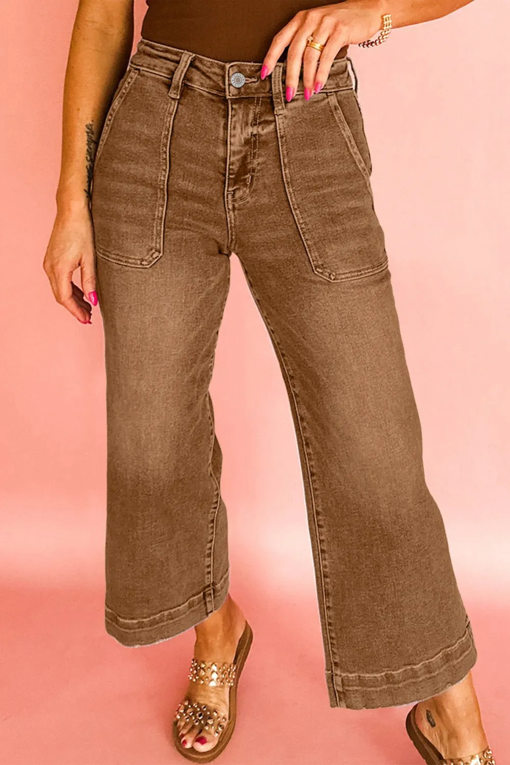 Relaxed High Waist Wide Leg Cropped Pocketed Casual Jeans