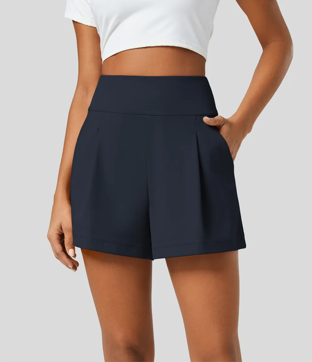 High Waisted Plicated Side Pocket Wide Leg Work Shorts