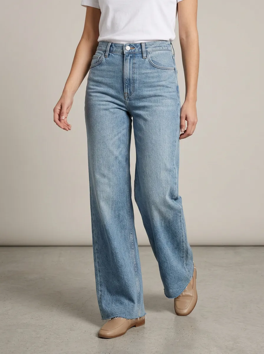 Wide-Leg High-Rise Raw-Hem Casual Denim Jeans