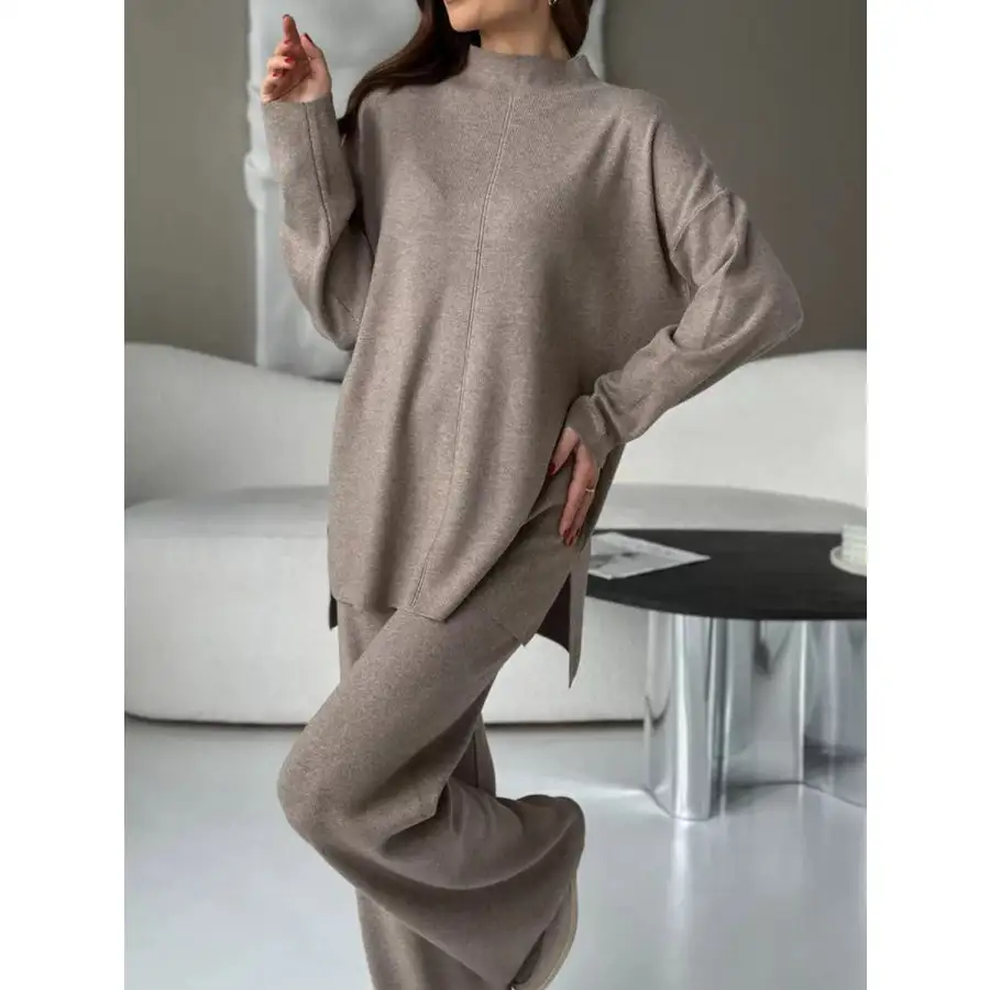 Slit Mock Neck Top and Pants Sweater Set