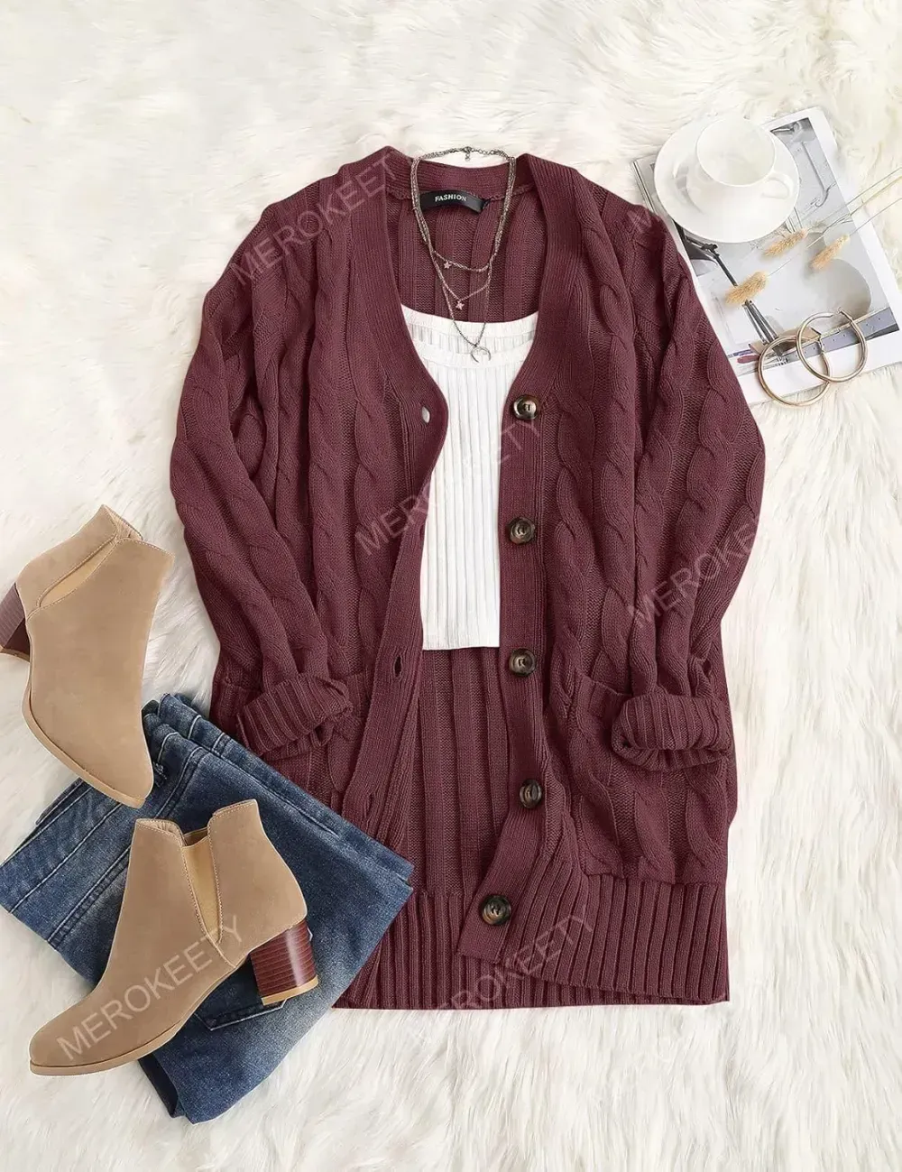 MEROKEETY Women's 2024 Fall Long Sleeve Cable Knit Sweater Open Front Cardigan Button Loose Outerwear