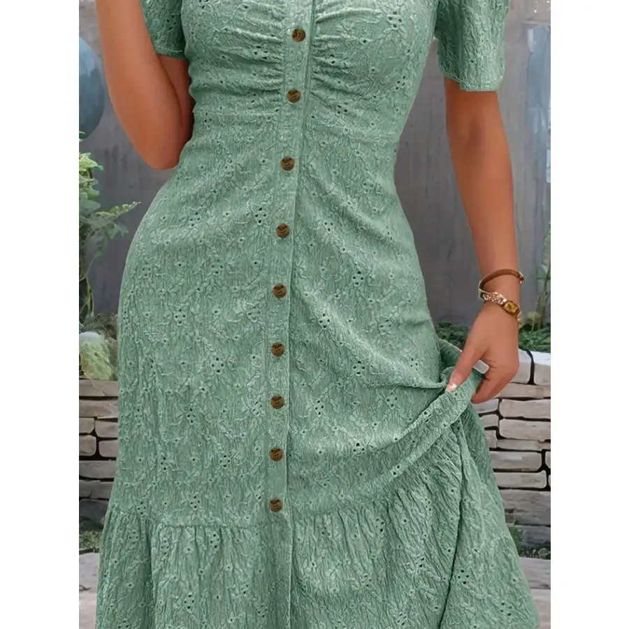 Eyelet Button Front V-Neck Midi Dress