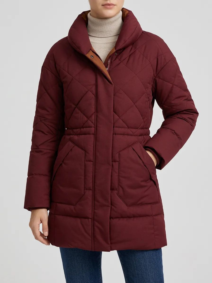Minimalist Burgundy Diamond Quilting Puffer Jacket