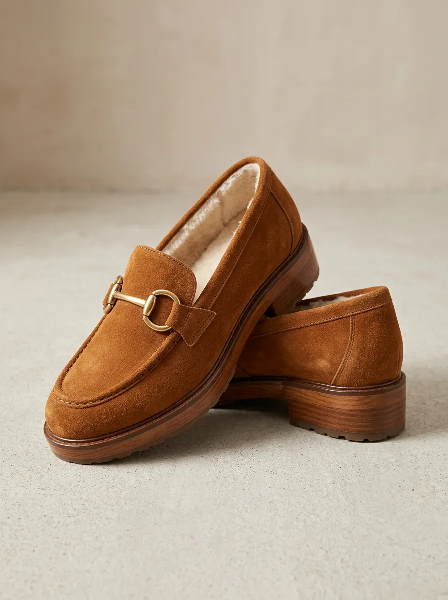 Women's Faux Fur Lined Metal Detail Classic Suede Wood Sole Loafers