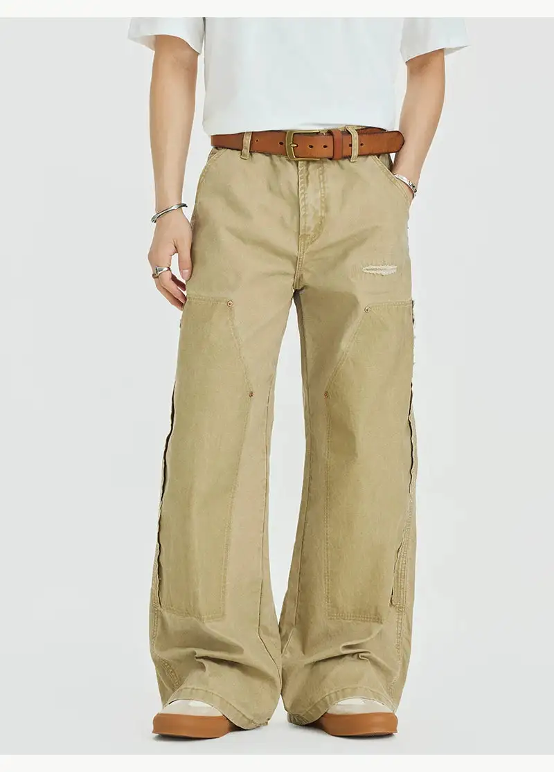 Wide-Leg Distressed Washed Workwear Jeans