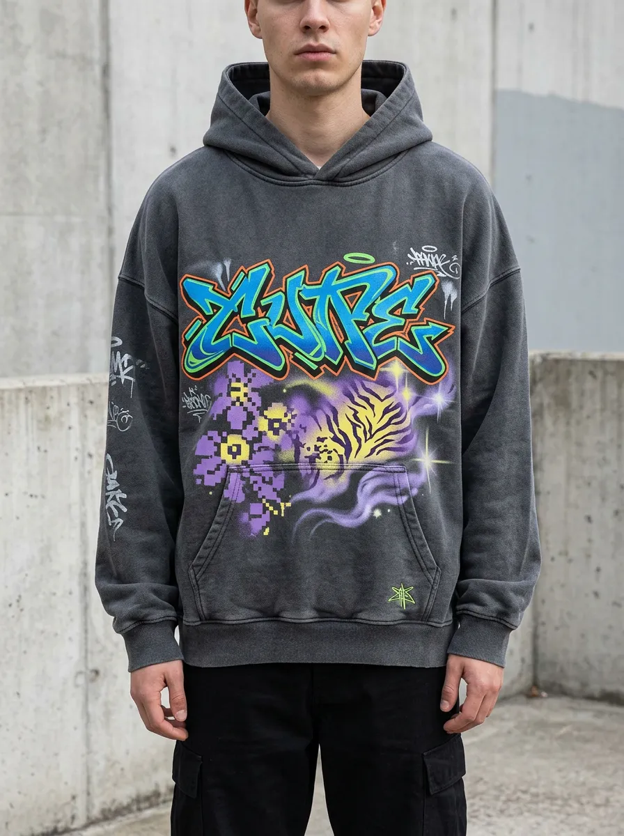 Unisex Streetwear Graffiti Pixel Tiger Graphic Hoodie