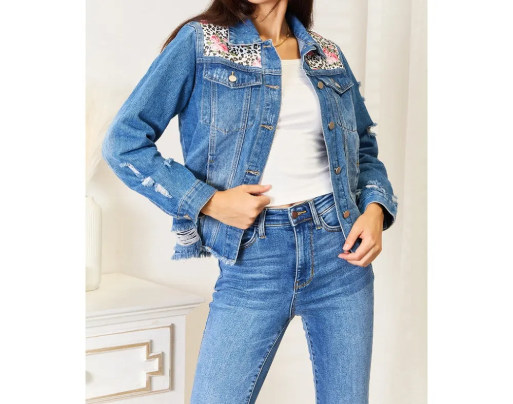 Leopard Floral Distressed Raw-Hem Denim Jacket