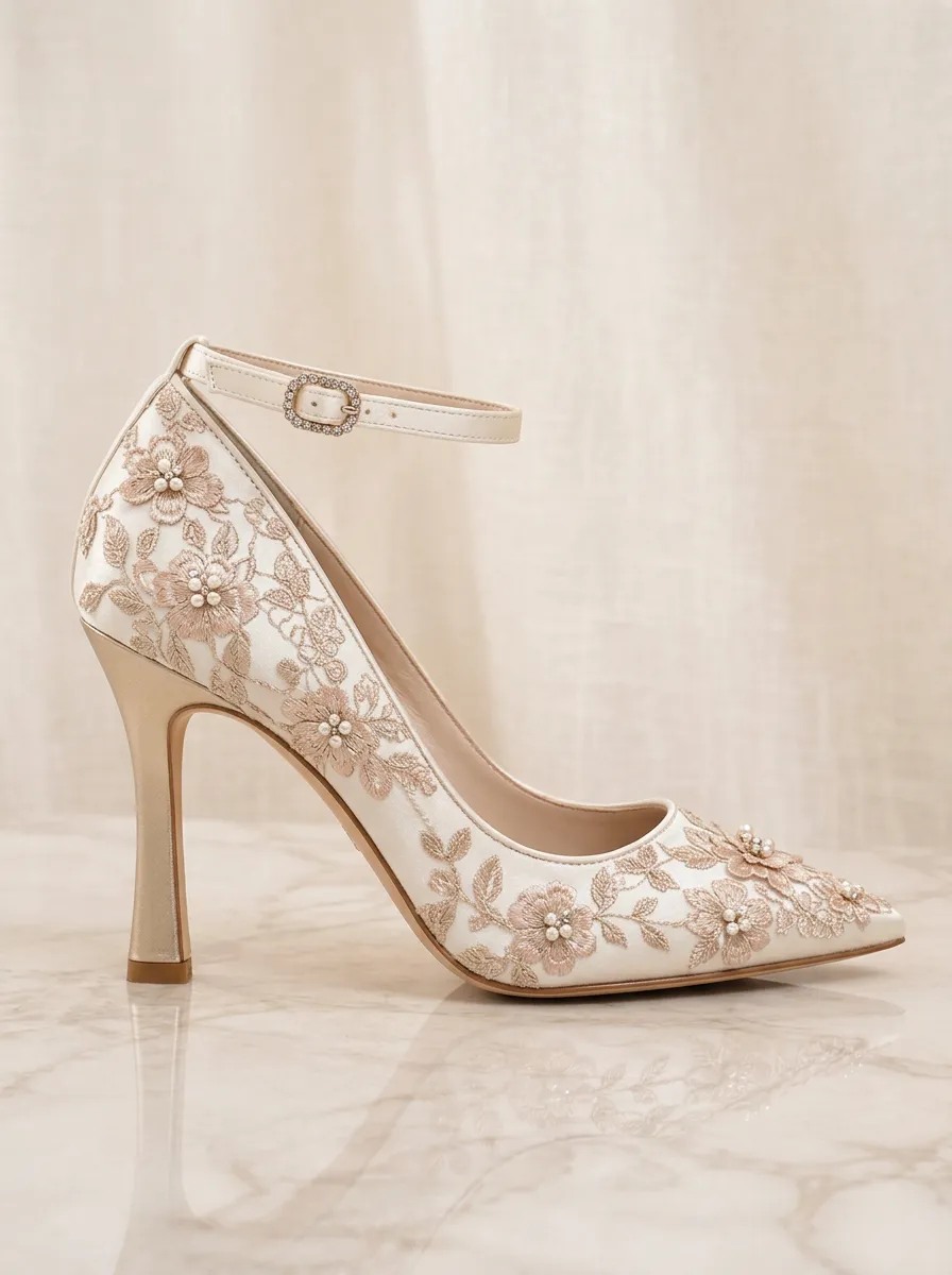 Rhinestone Pearl Floral Embroidered Women's Formal High Heels