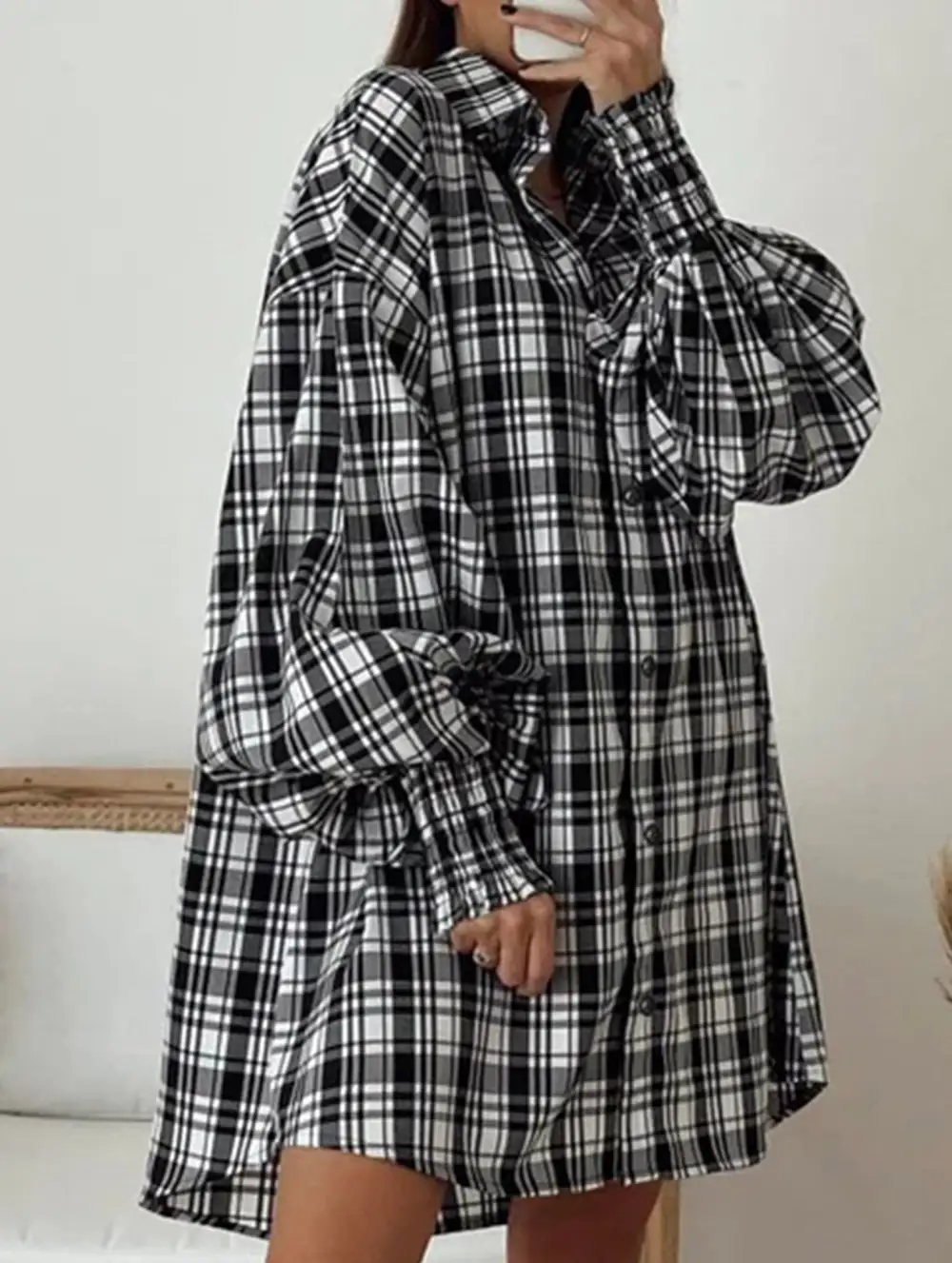Plaid Lantern Sleeve Shirt